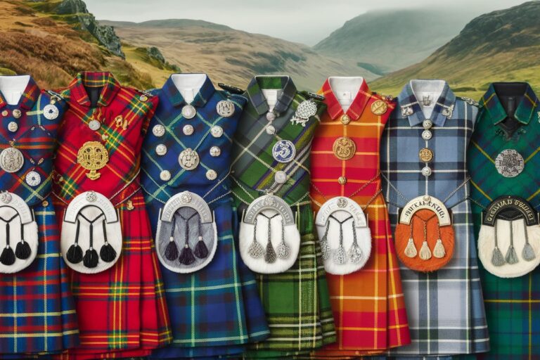 Top 10 tartan patterns displayed on kilts, featuring vibrant designs like Royal Stewart, Black Watch, and MacLeod, with a scenic Scottish Highlands backdrop."